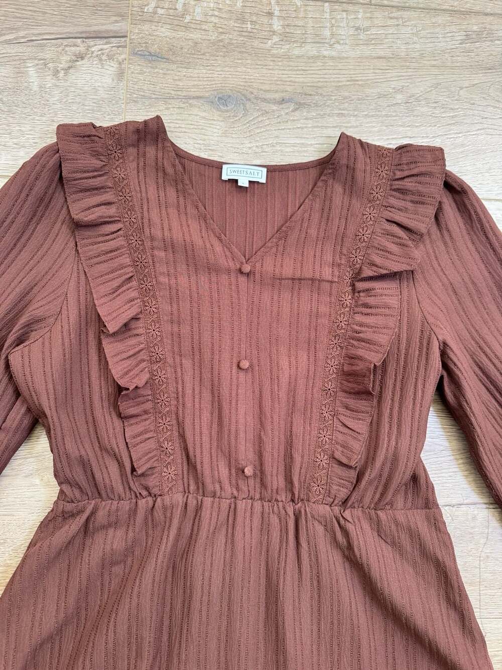 Sweet Salt Brown Midi Dress Womens L Ruffle Long Sleeve Stretch Cottagecore - Picture 4 of 16